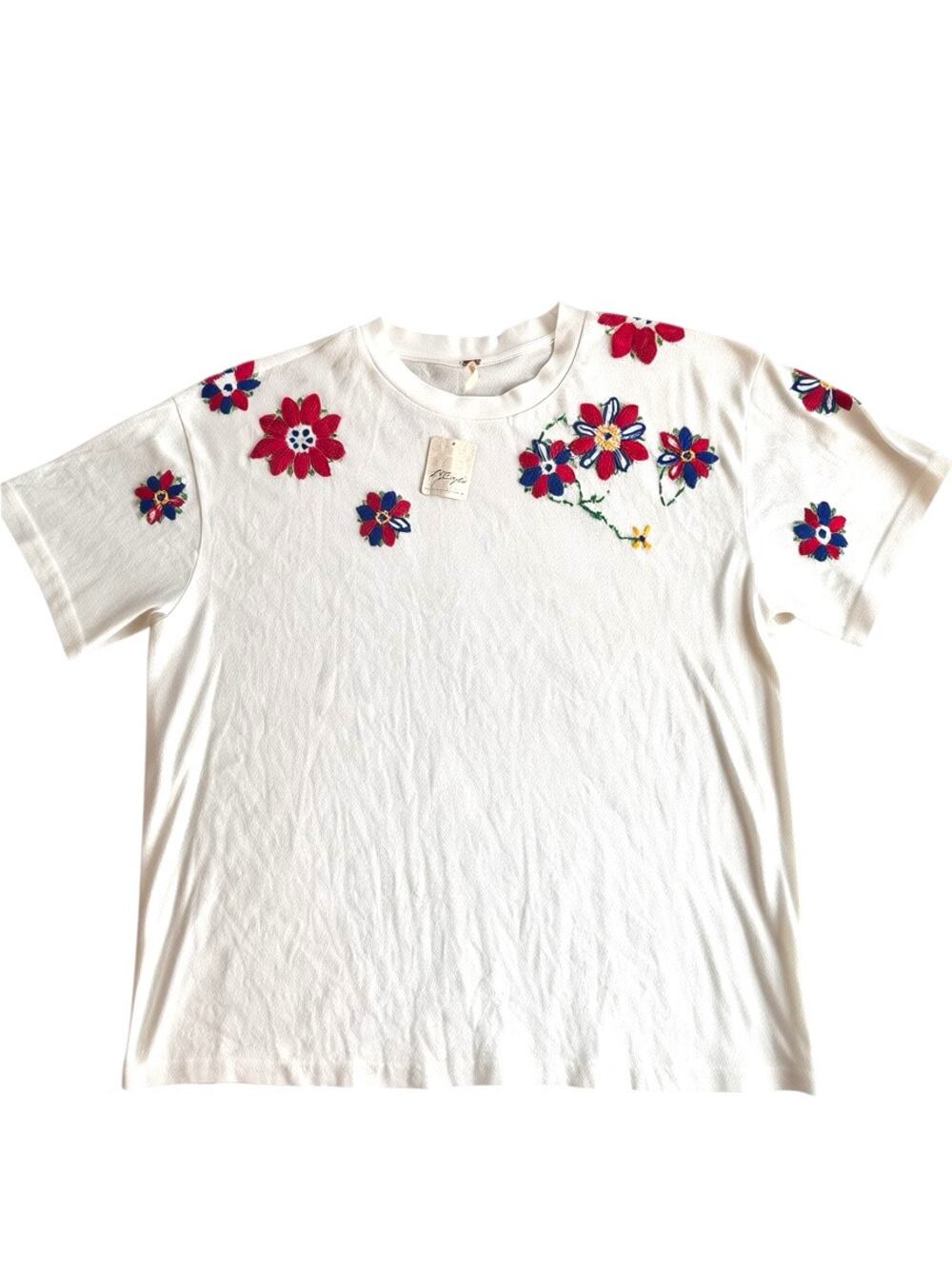 Free People NWT Floral Embroidered Tee – Size Large – Cream Combo – $78 Retail